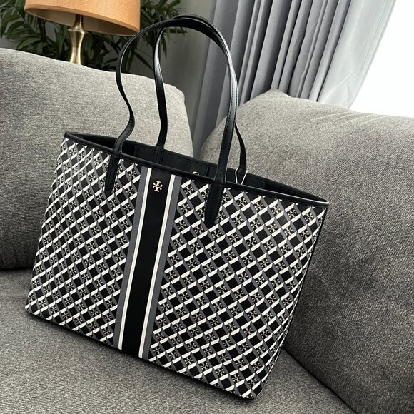 NWT TORY BURCH BLACK GEO LOGO W STRIPE Top Zip Tote Shoulder Bag Style #89762 - Picture 2 of 6